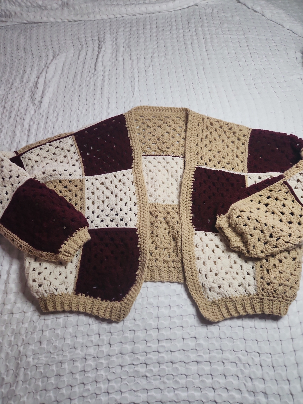 Handcrafted Patchwork Crochet Cardigan - Cream, Tan & Burgundy
